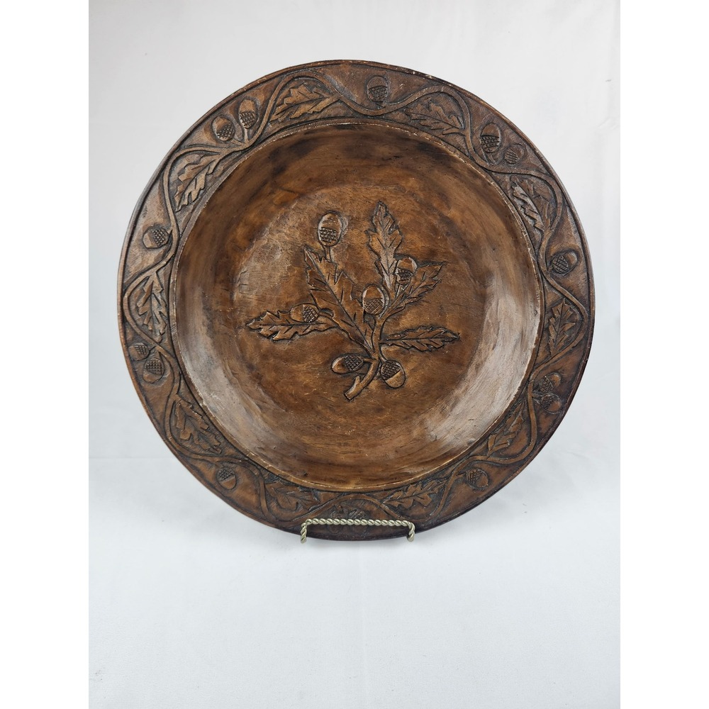 14" Vintage Hand Carved Wooden Acorn Oak Leaf Bowl Rustic Folk Art Centerpiece